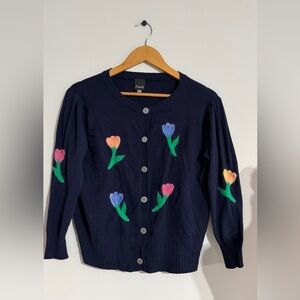 Aaeda Womens  M Navy Floral Tulip Cardigan Button Front Knit Sweater embroidery